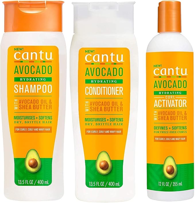 Cantu Sulfate-free Avocado Hydrating Shampoo, Conditioner, Curl Activator Cream for Curly, Coily or Wavy Hair Bundle
