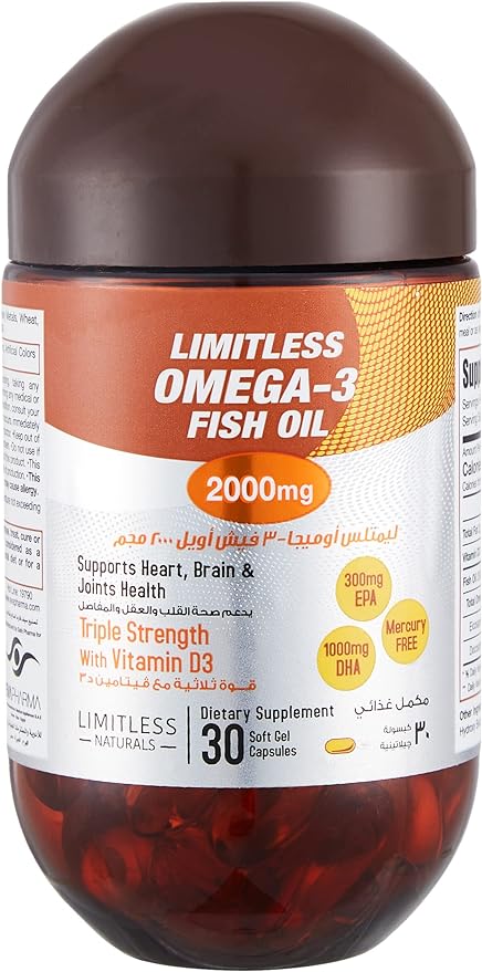 Limitless Naturals Omega 3 Fish Oil (2000mg, 30 Capsules)